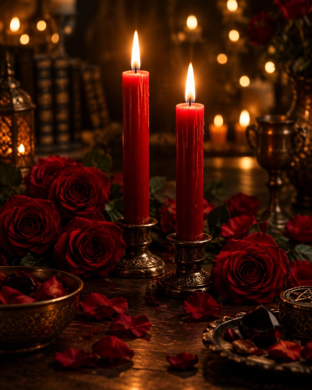 Velas acesas e rosas vermelhas em ritual de amarração amorosa